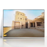 Large art print of a Moroccan landscape in mid-century modernist style, acrylic framed in white.