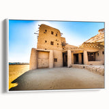 Framed canvas featuring a vintage-style Moroccan landscape in black and white, ideal for bedroom wall art.