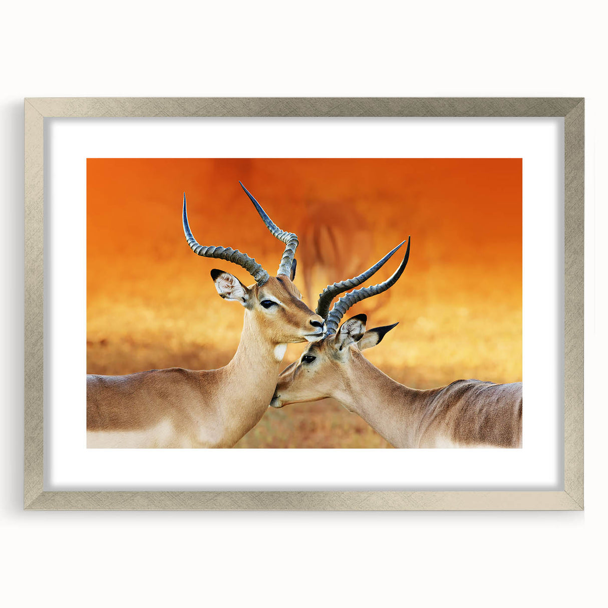 Abstract art print of African scenery in earthy tones on a framed canvas, suitable for dining room decor.