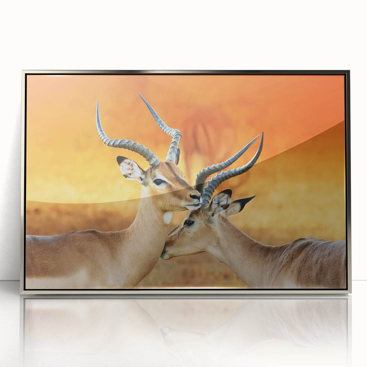 Art deco poster of an African landscape in muted earth tones, silver-framed acrylic, suitable for modern nursery decor.
