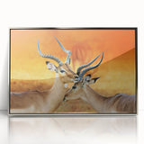 Art deco poster of an African landscape in muted earth tones, silver-framed acrylic, suitable for modern nursery decor.