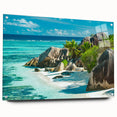 Acrylic print of a Seychelles landscape, featuring vivid blue and green tones, ideal for dining room art.