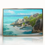 Acrylic print of a Seychelles landscape with gold frame, featuring serene blue and green tones.