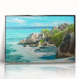 Framed acrylic print of a Seychelles landscape in muted earth tones, ideal for modern art wall decor.