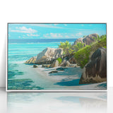 Mid-century modernist art of Seychelles scenery in acrylic print with white frame, ideal for nursery wall art.