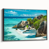 Black and white framed canvas depicting a serene Seychelles landscape, suitable for bedroom wall art.