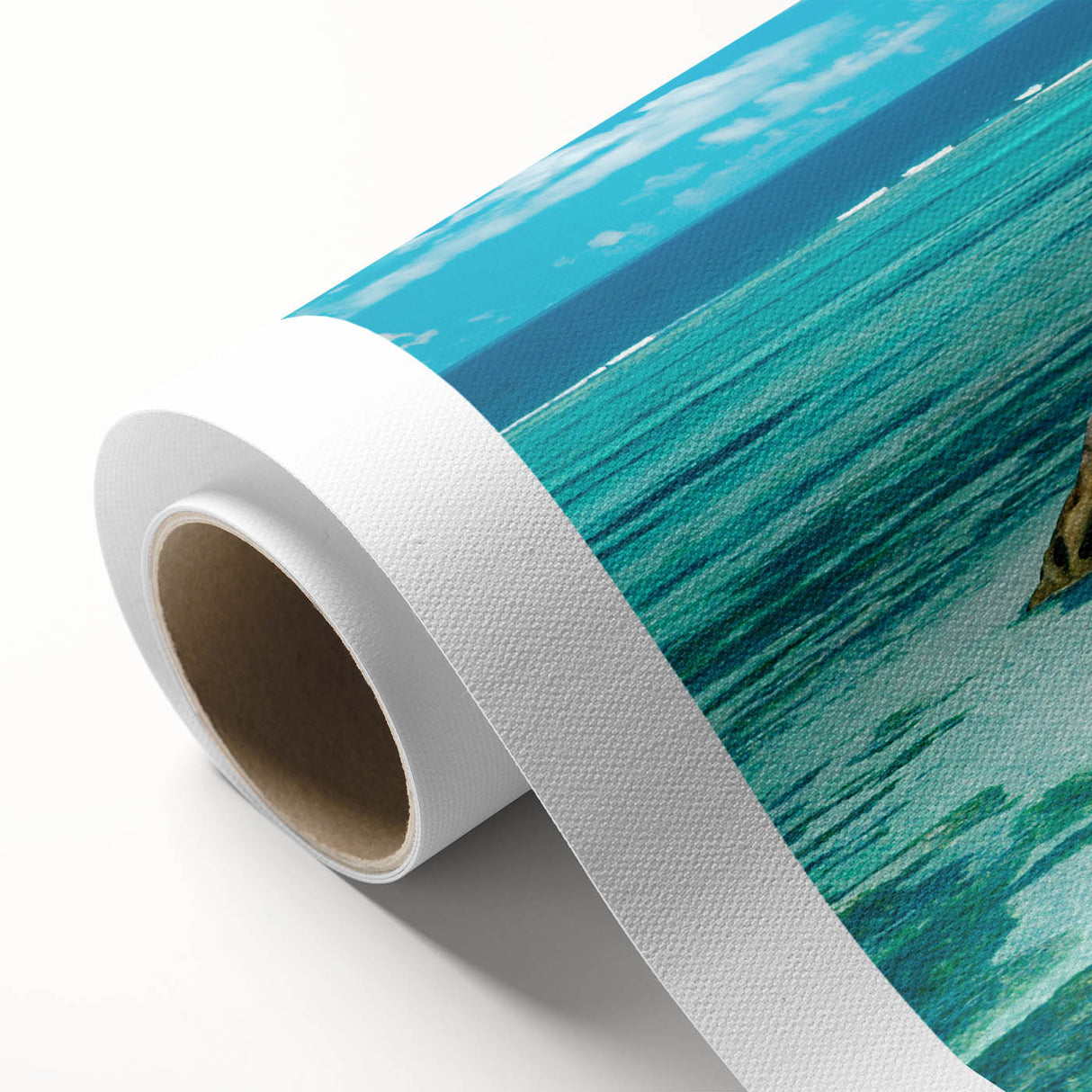 Art deco poster of Seychelles scenery on rolled canvas, featuring pastel shades, ideal for nursery wall art.