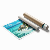Extra large rolled print featuring Seychelles scenery with vibrant green and blue tones, ideal for classy bathroom wall art.