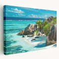 Large canvas print of a serene Seychelles beach with lush greenery and azure waters, suitable for kitchen wall art.