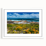 Abstract art print of a South African landscape in muted earth tones on a framed white mat, ideal for dining room decor.