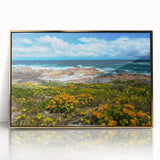 Large acrylic print of an African savannah scene in gold and earth tones, framed, in mid-century modernist style.