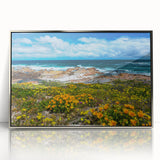 Mid-century modernist art depicting an abstract African landscape in muted earth tones, framed in silver acrylic.