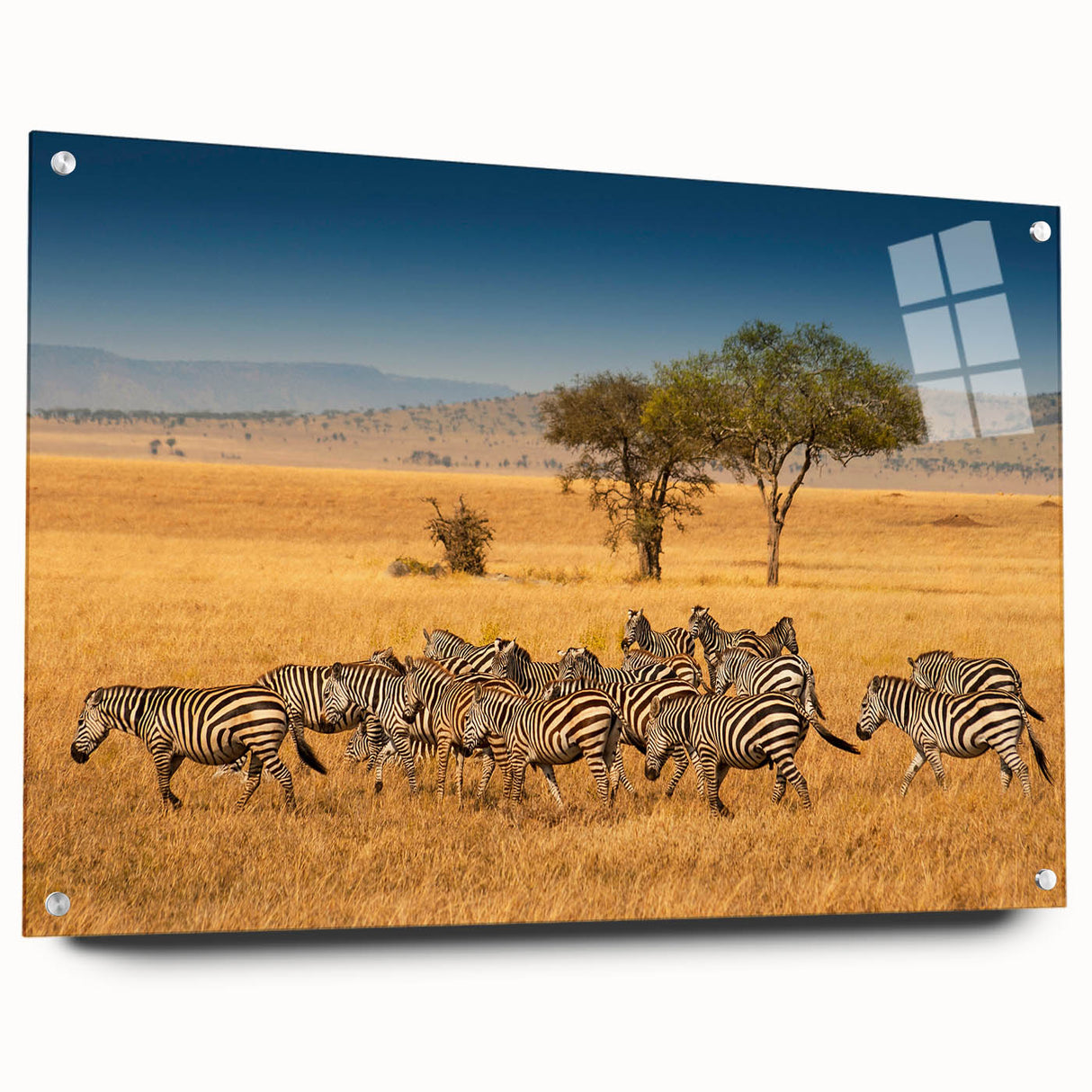 Large abstract wall art depicting the Tanzanian landscape on acrylic glass, suited for bedroom or dining room decor.