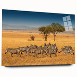 Large abstract wall art of Tanzanian scenery in muted earth tones on acrylic glass, ideal for bedroom or dining room decor.