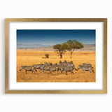 Extra large abstract art print featuring a textured depiction of the Tanzania scenery in gold frame.