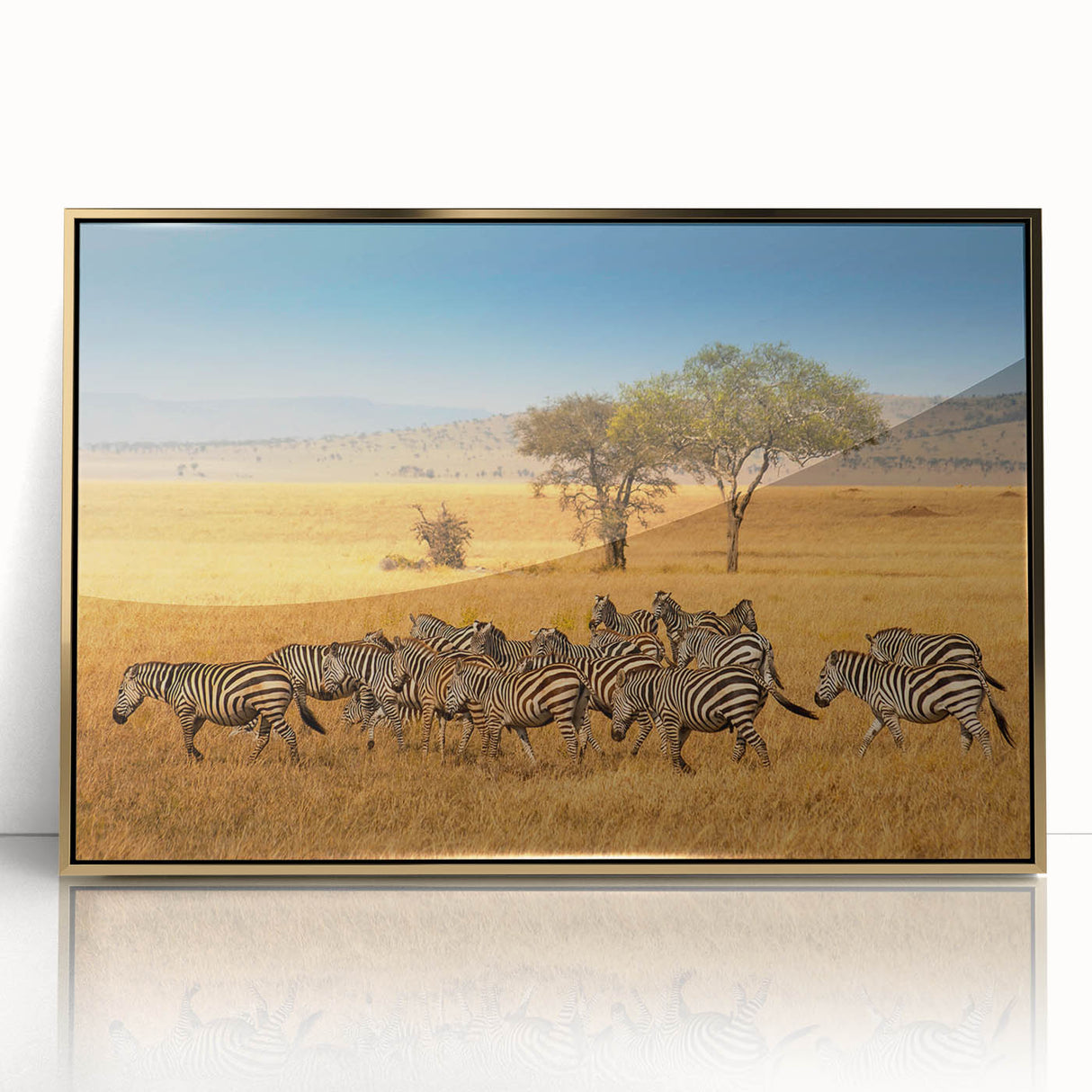 Large art print of a Tanzanian landscape in muted earth tones on a framed acrylic, ideal for modern art wall decor.