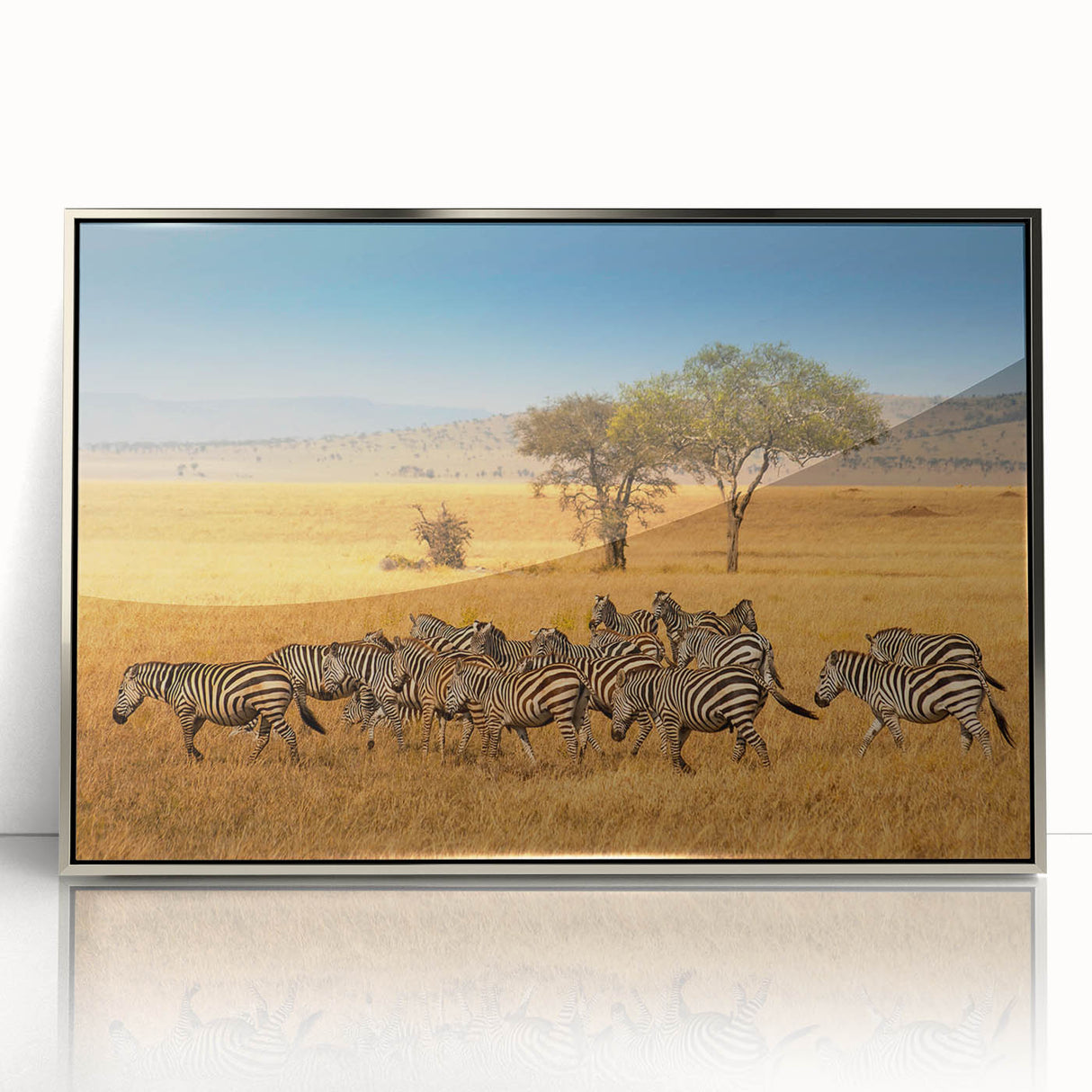 Mid-century modernist art depicting a serene Tanzanian landscape in muted earth tones on a framed acrylic print.