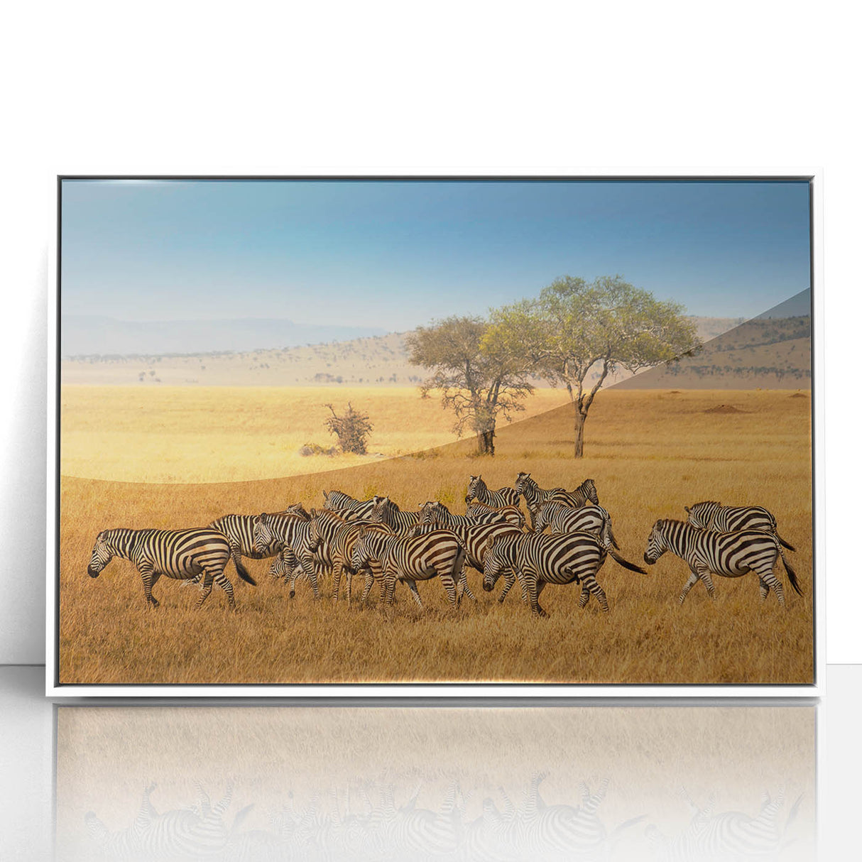 Art deco poster of Tanzania scenery in muted earth tones, framed acrylic, ideal for modern art wall decor.