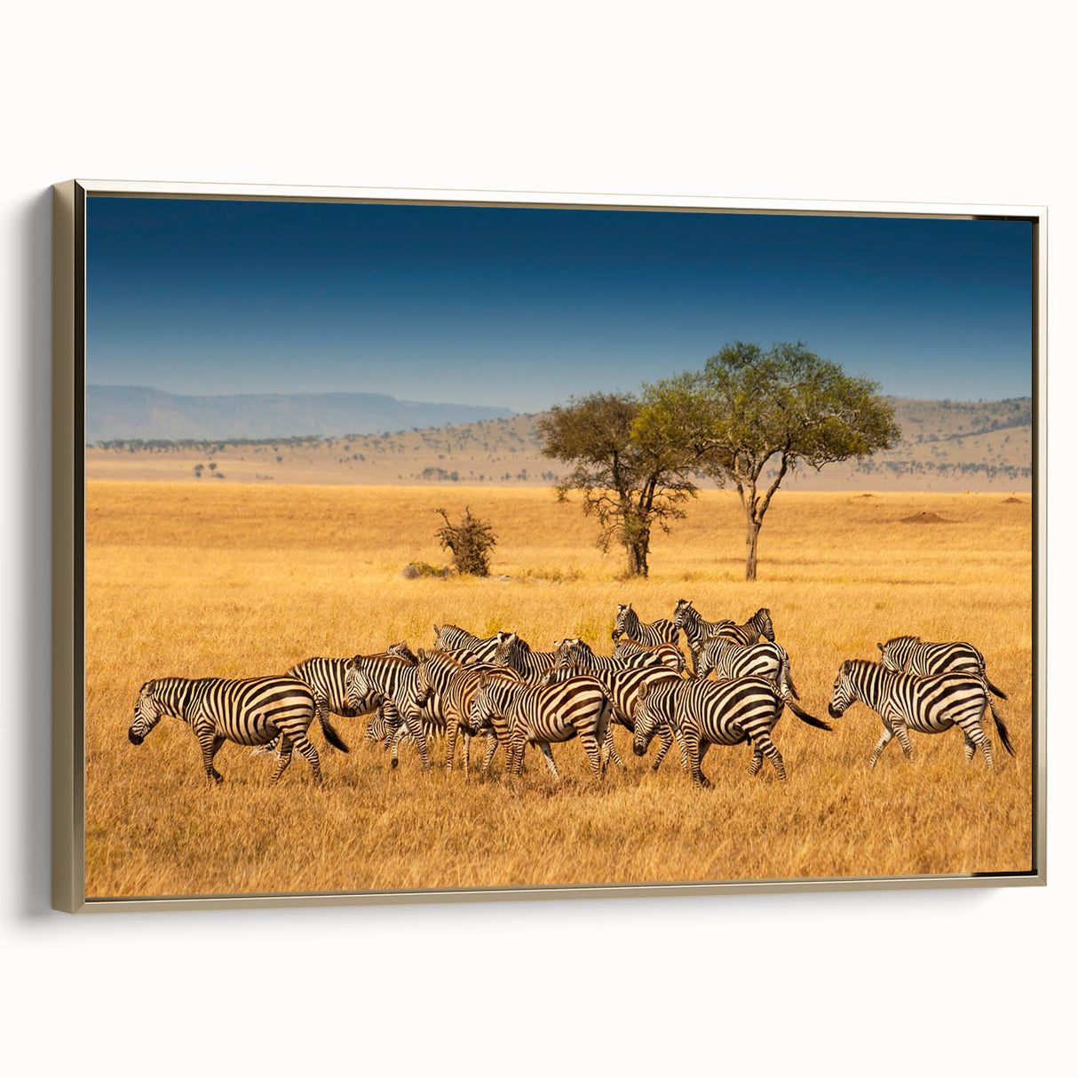 Framed canvas of a serene Tanzanian landscape in muted earth tones, ideal for bedroom wall art.