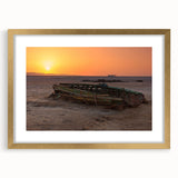 Abstract art print of a Tunisian landscape in gold frame with mat, featuring earthy tones, ideal for dining room decor.