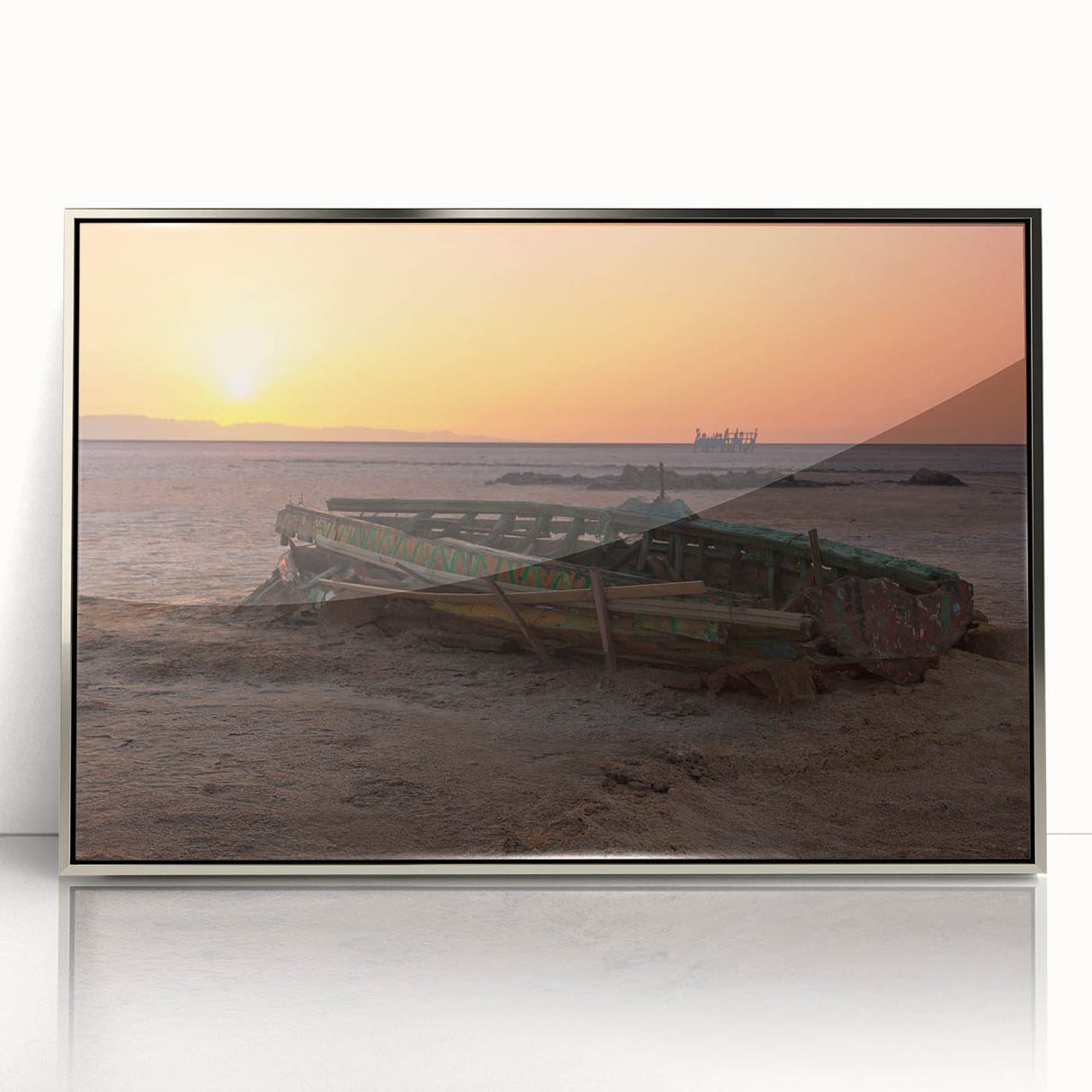 Large acrylic print of a Tunisian landscape in earth tones, framed in silver, suitable for modern art wall decor.