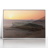 Mid-century modernist art depicting a Tunisian landscape in muted earth tones on a framed acrylic.