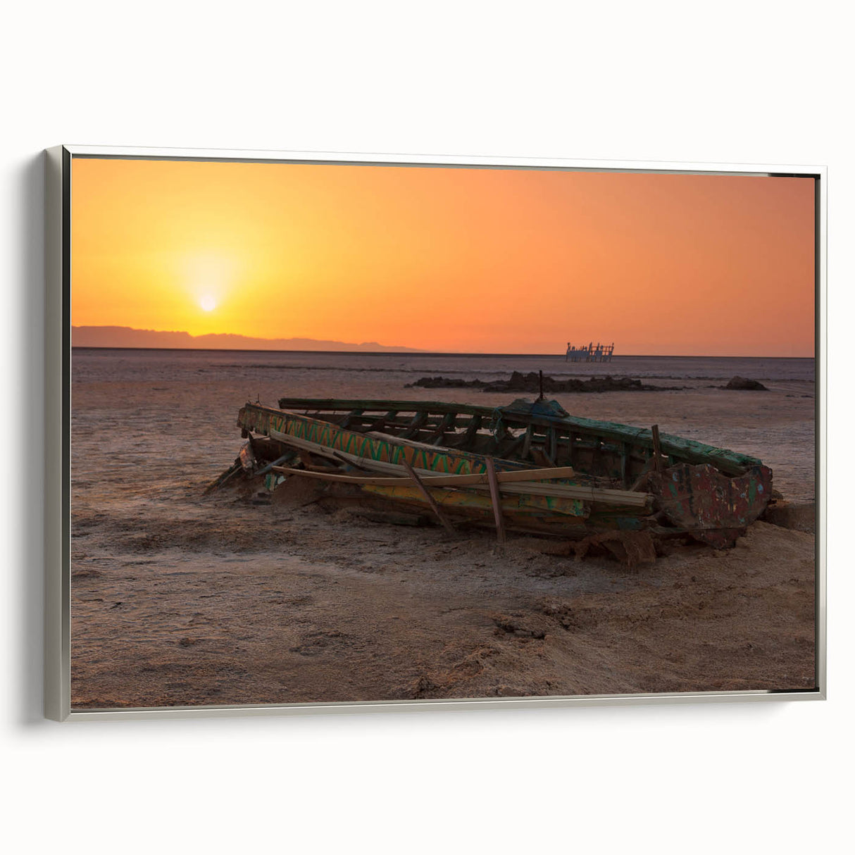 Landscape art painting of Tunisian scenery in colorful tones on framed canvas, ideal for living room decor.