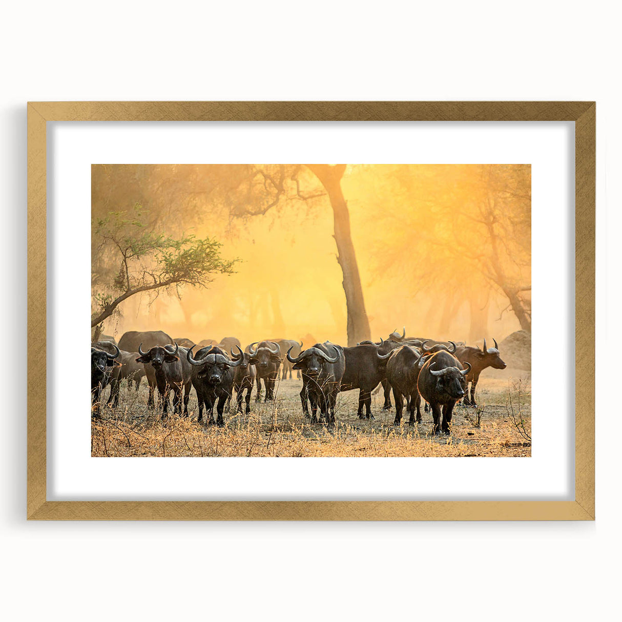 Extra large abstract art print depicting a textured African scenery in earth tones, framed in gold.