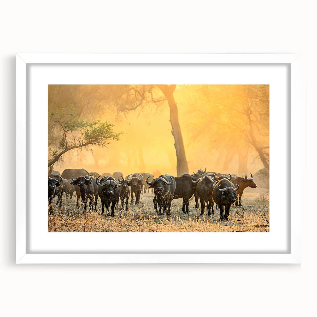 Abstract art print depicting the Zambia scenery in muted earth tones on a framed white mat, suitable for dining room decor.