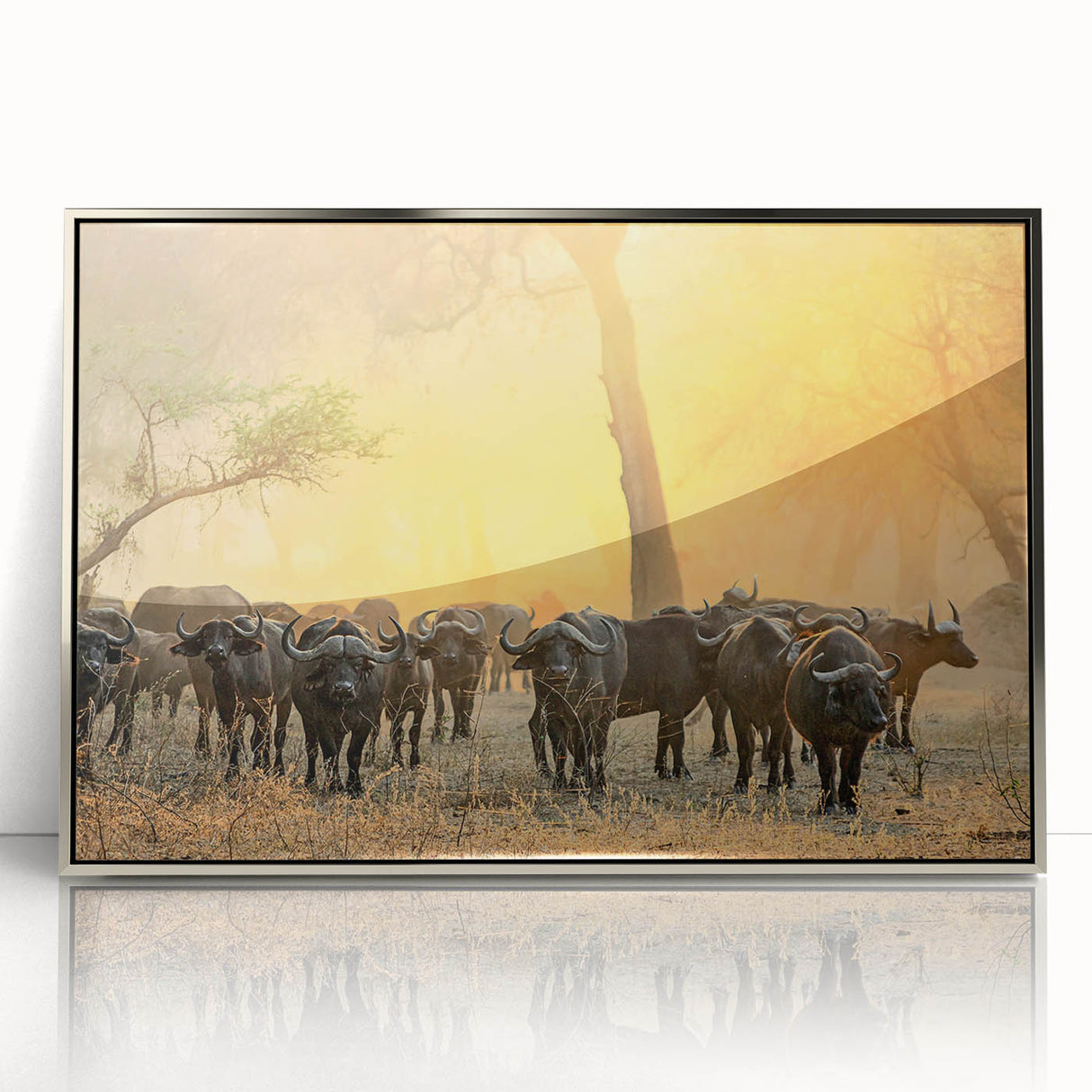Mid-century modernist art depicting Zambian scenery in muted earth tones on a silver-framed acrylic print.