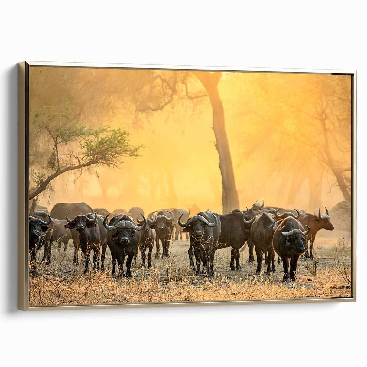 Framed canvas of a vintage-style Zambia landscape in gold and black tones, ideal for bedroom wall decor.