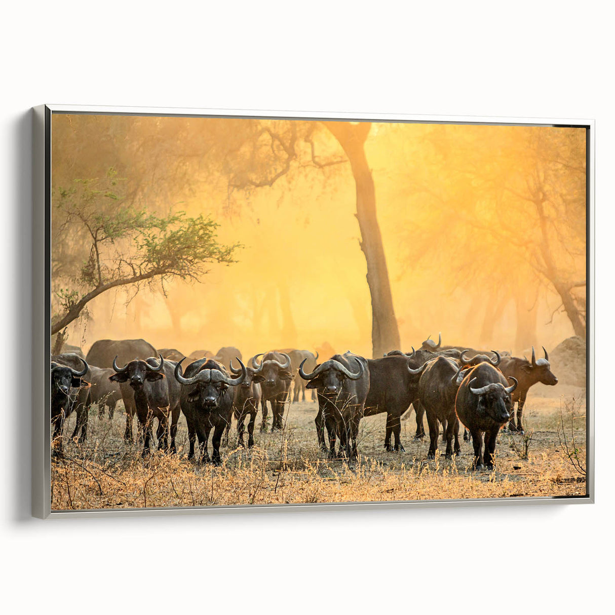 Framed canvas of a vibrant African landscape in rich, earthy tones, ideal for adding a colorful accent to a living room.
