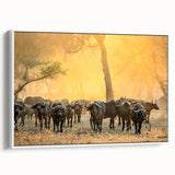 Vintage poster art of a Zambian landscape on framed canvas, featuring vibrant colors ideal for living room decor.