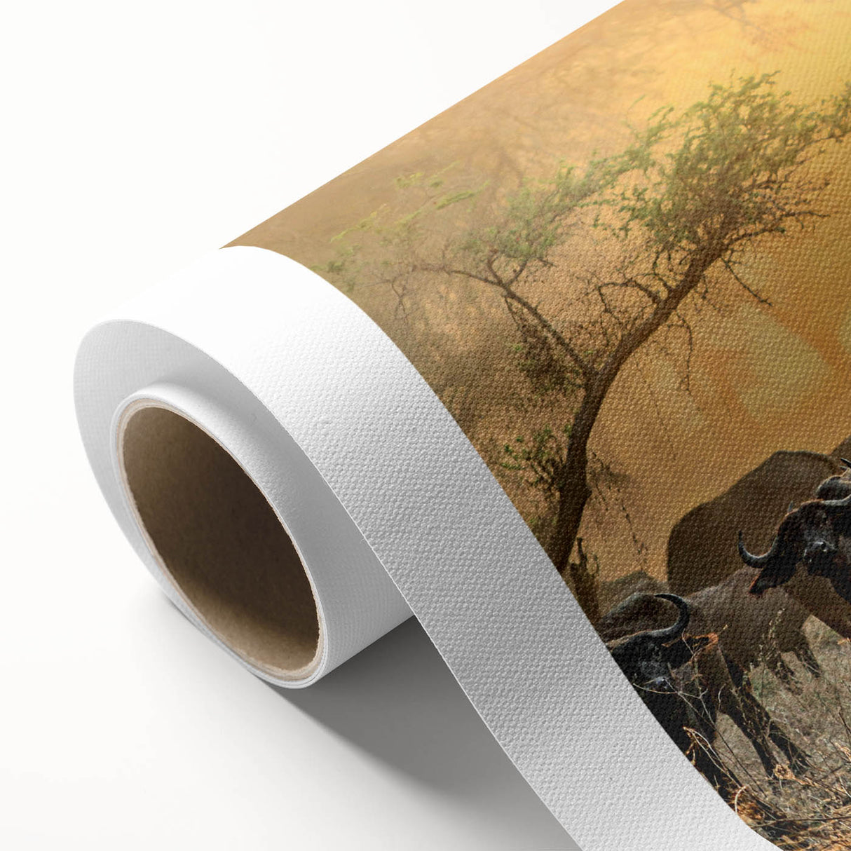 Art Deco poster of Zambia scenery on rolled canvas, featuring muted earth tones, ideal for nursery wall art or dining room.