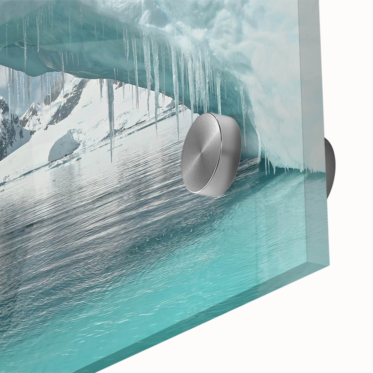 Large abstract wall art depicting the Antarctic landscape in muted blue tones on acrylic glass, suitable for dining room art.