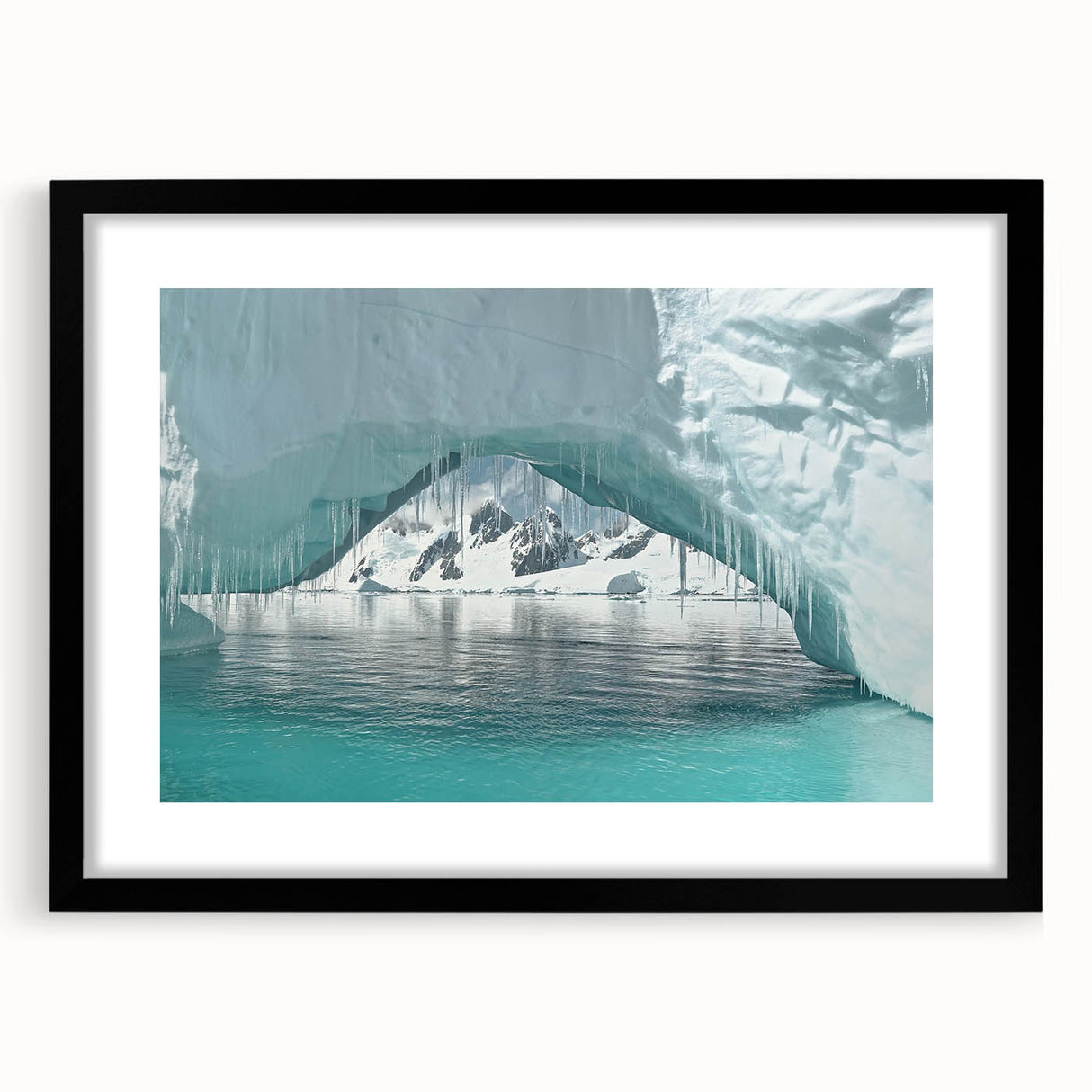 Extra large abstract art print of Antarctica landscape in vibrant blue and white tones on a textured canvas, framed in black.