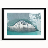 Extra large abstract art print of Antarctica landscape in vibrant blue and white tones on a textured canvas, framed in black.
