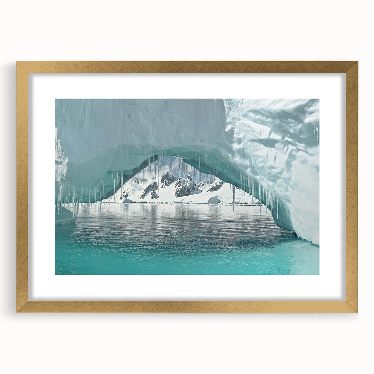Extra large abstract art print of Antarctic scenery in textured style, framed in gold, ideal for living room decor.