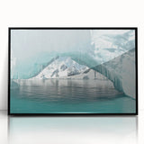 Large abstract wall art depicting an icy Antarctic landscape in muted blue and white tones, framed in black acrylic.
