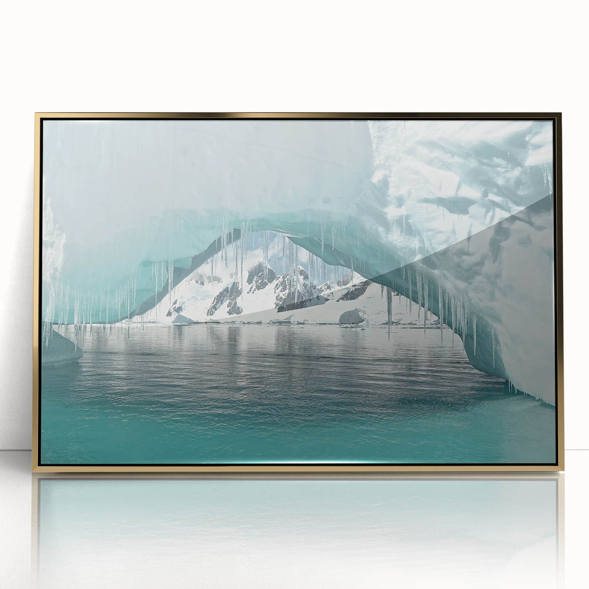 Mid-century modernist Antarctic scenery on a large acrylic print with gold frame, suited for modern art wall decor.