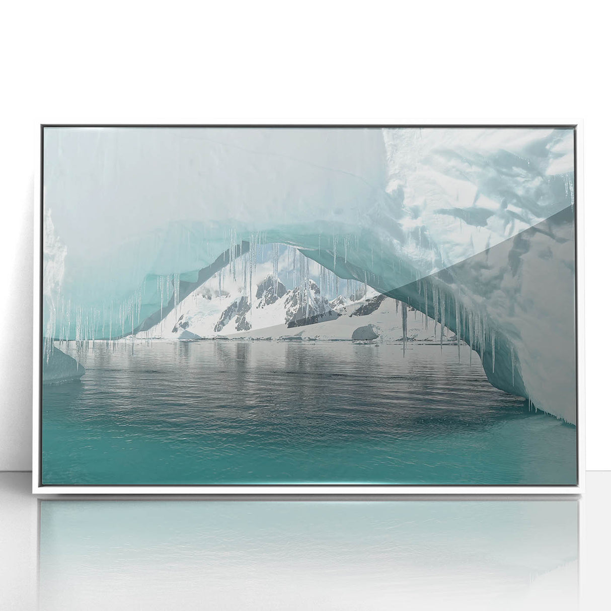 Antarctic landscape on white-framed acrylic, featuring muted blue and white tones, ideal for modern art wall decor.