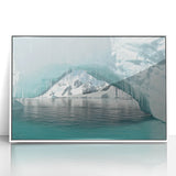 Antarctic landscape on white-framed acrylic, featuring muted blue and white tones, ideal for modern art wall decor.