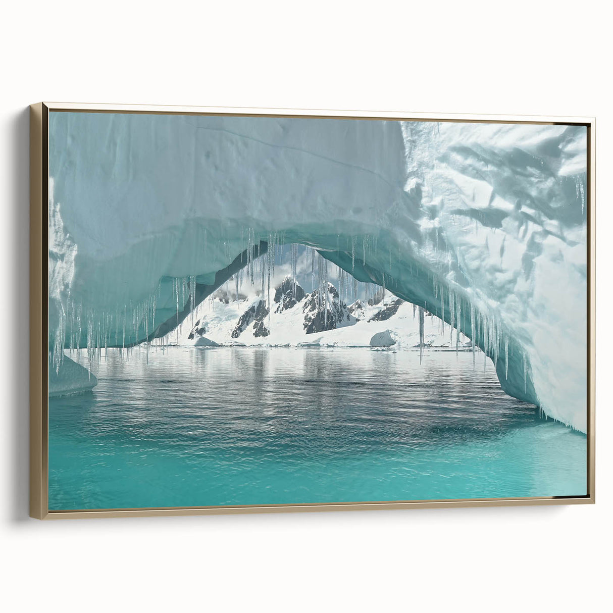 Framed canvas depicting a vintage-style Antarctic landscape in black and gold tones, suitable for bedroom decor.