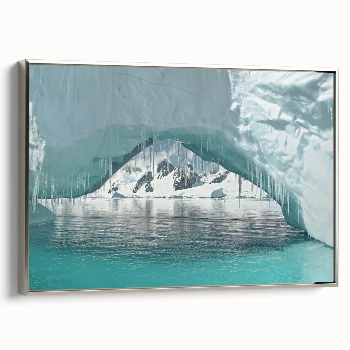 Landscape art painting of Antarctica on framed canvas, featuring a muted palette of grays and blues, ideal for office decor.