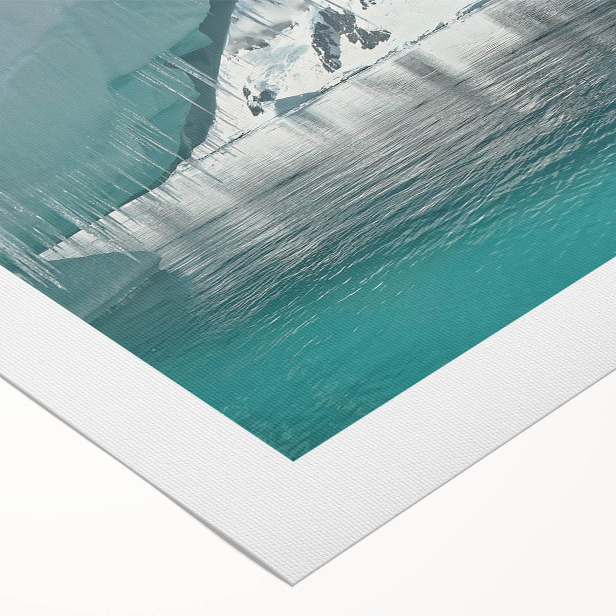 Art deco poster of an Antarctic landscape in cool blue and white hues on rolled canvas, ideal for dining room wall art.