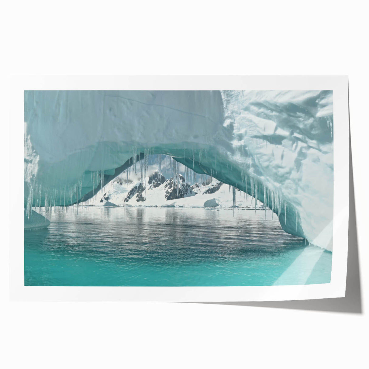 Antarctic landscape on rolled canvas featuring muted blue and white tones, ideal for dining room wall art.