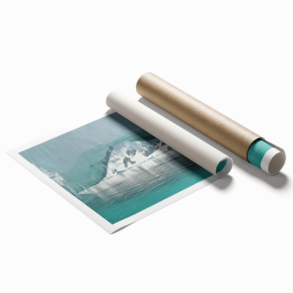 Extra large rolled print of an Antarctic landscape in cool blue and white tones, ideal for classy bathroom wall art.