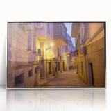 Mid-century modernist art depicting an abstract cityscape in muted blue and silver tones, framed acrylic.