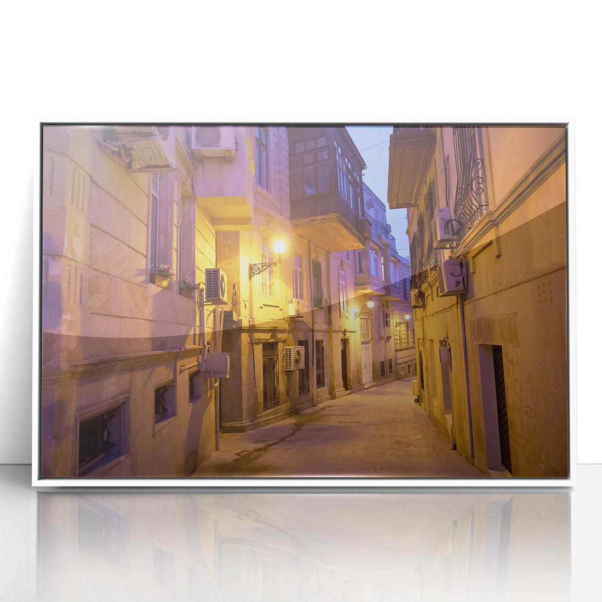 Art deco poster featuring a serene Azerbaijani landscape in muted earth tones on a white-framed acrylic.