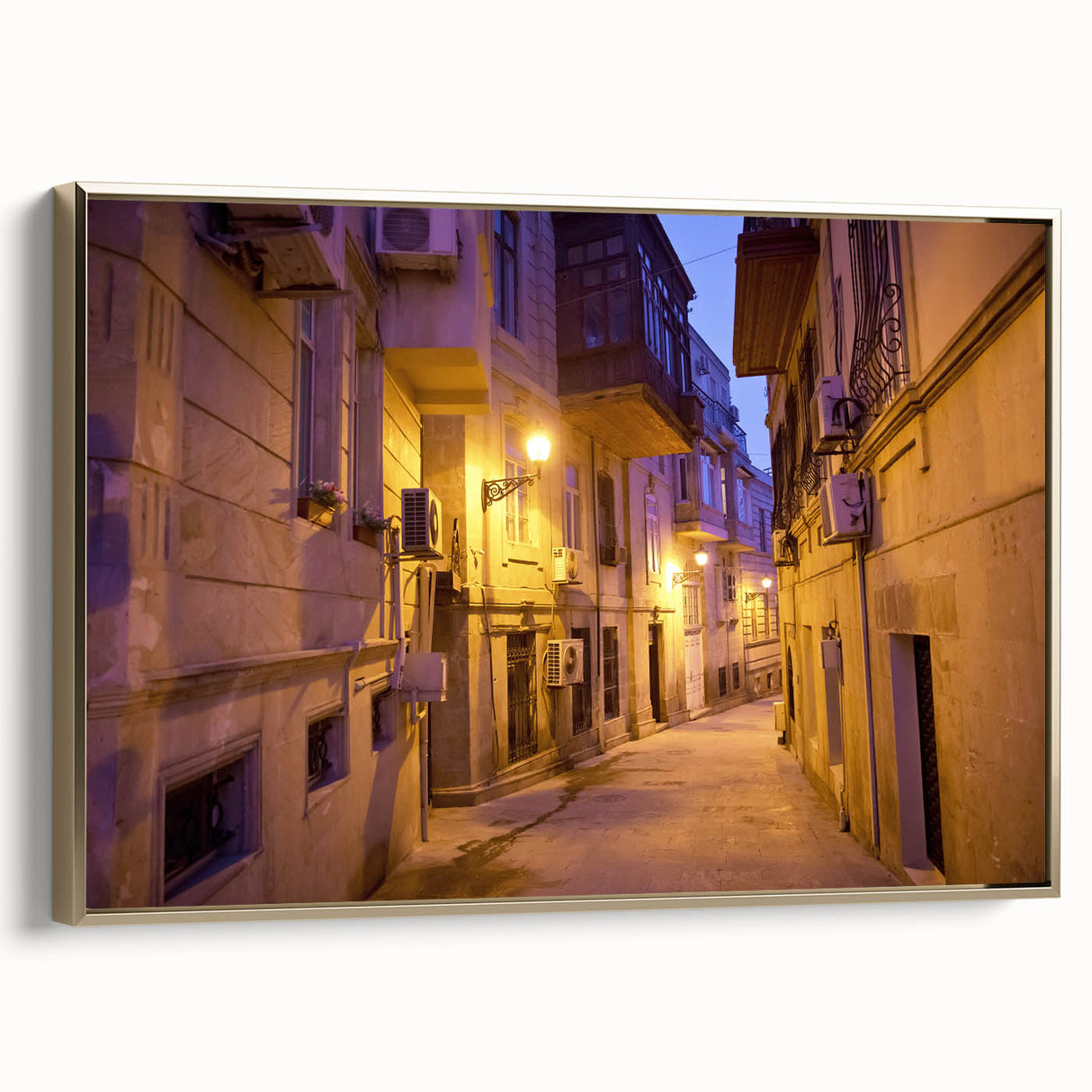 Framed canvas wall art featuring a vintage-style landscape painting of an Azerbaijani scene in black and gold tones.